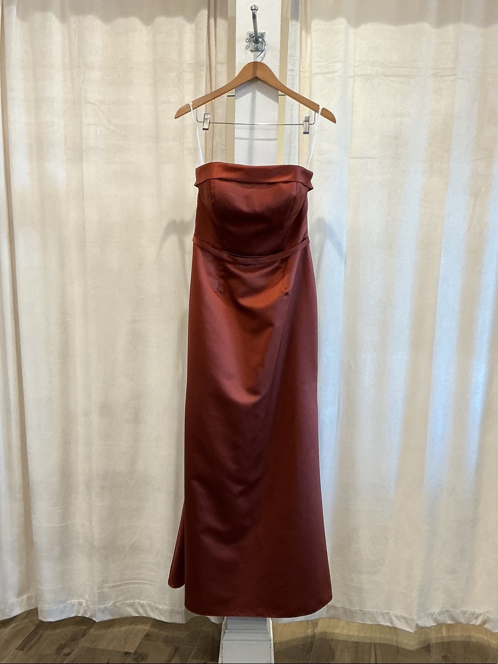 Christina Wu Strapless Satin Maxi Dress in Deep Burgundy